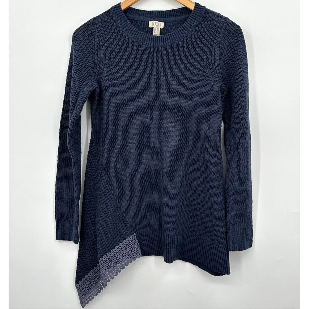 LOGO by Lori Goldstein Ribbed Knit Tunic Sweater Blue w/ LaceLace Womens XXS 2XS